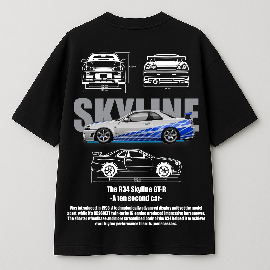 Nissan Skyline R34 GT-R Graphic Oversized T-Shirt – "Ten Second Car" Edition