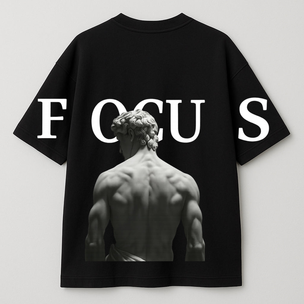 "FOCUS" Streetwear Graphic Tee – David Sculpture Back Print | Black Oversized T-Shirt