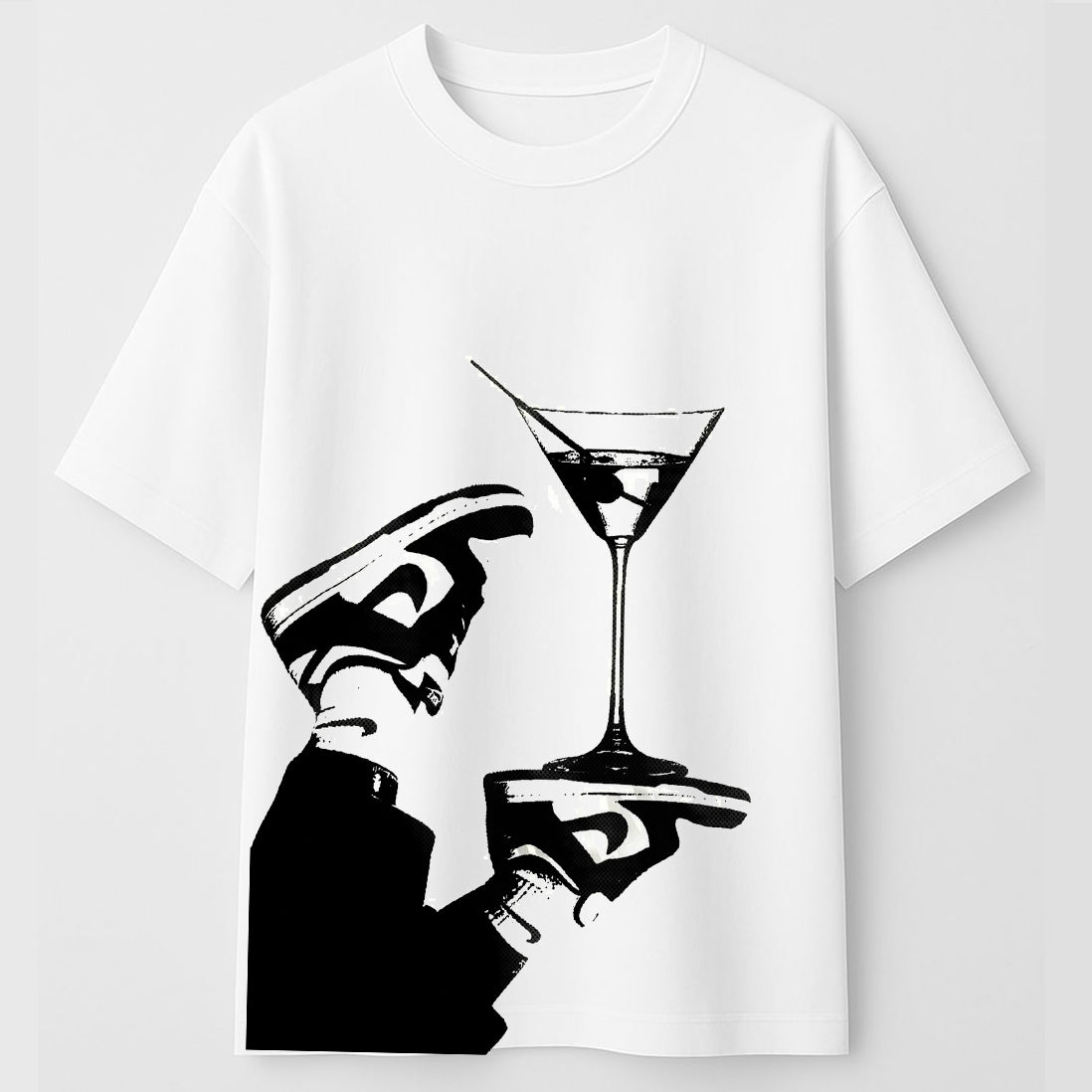 "Sneakers & Sips" Graphic Tee – Retro Martini Print | White Oversized Streetwear Shirt