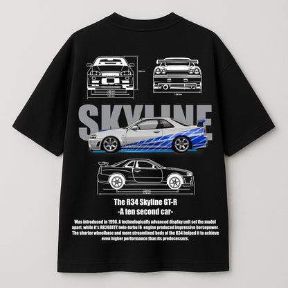 Nissan Skyline R34 GT-R Graphic Oversized T-Shirt – "Ten Second Car" Edition