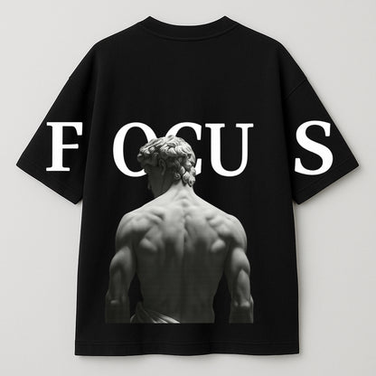 "FOCUS" Streetwear Graphic Tee – David Sculpture Back Print | Black Oversized T-Shirt